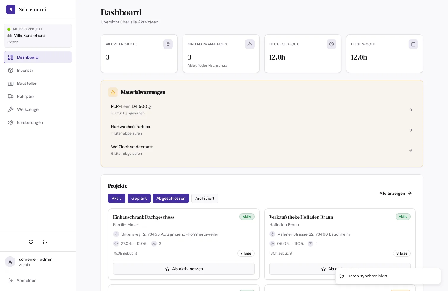 Schreinerei-App desktop screenshot